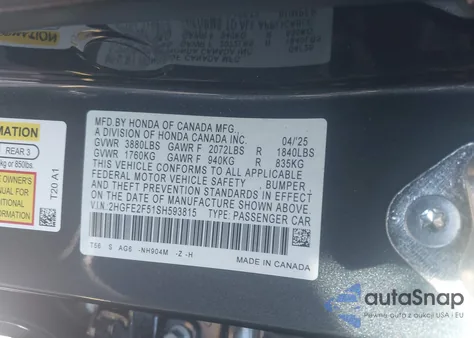 2025 Honda Civic Sport из США, поврежденный, VIN 2HGFE2F51SH593815